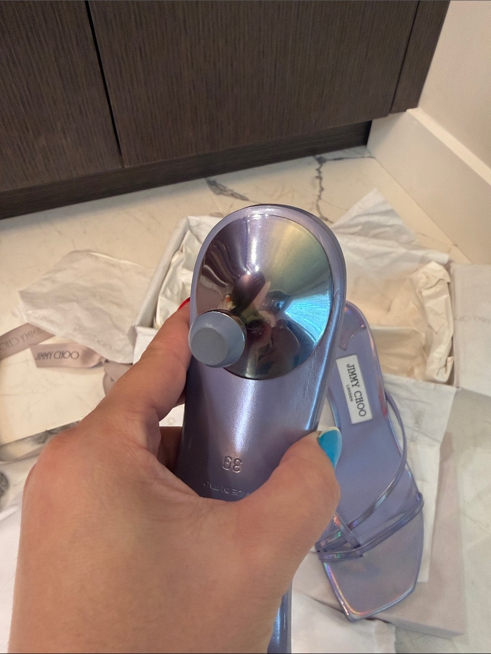 Jimmy Choo Etana 50 metallic Iridescent leather Lilac Strappy Kitten-Heel Mules - Picture 16 of 17